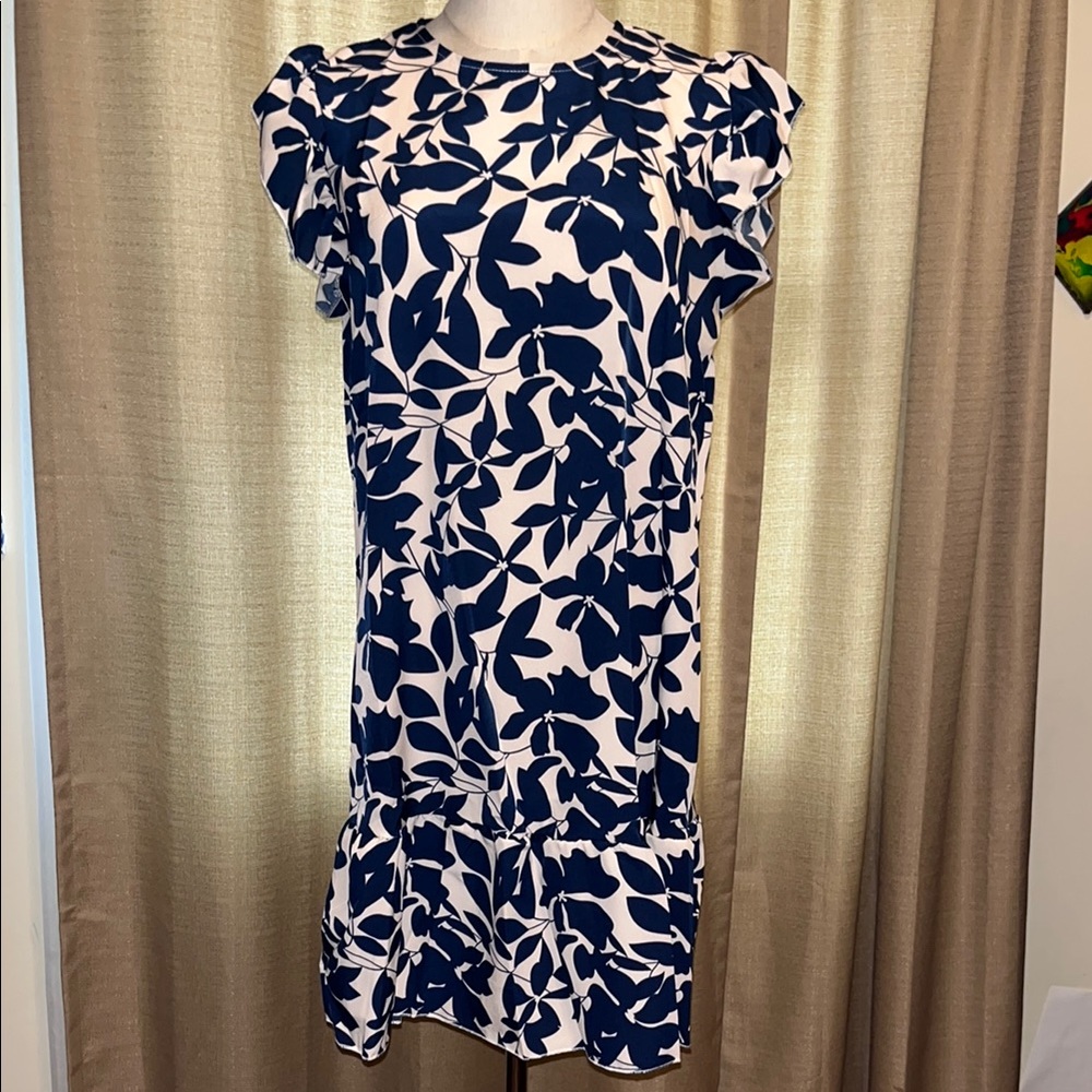 Ruffle Trim Cap Sleeve Summer Dress Blue Cream Floral Mini Dress Womens Large